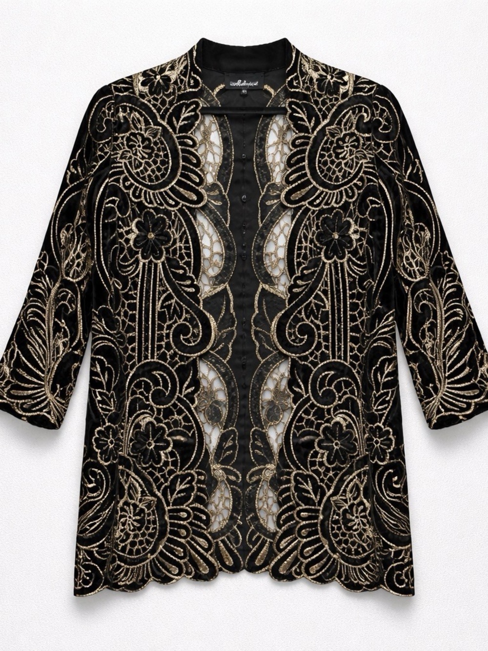 Embroidered Open-Front Black Velvet Jacket with Gold Lace Accents